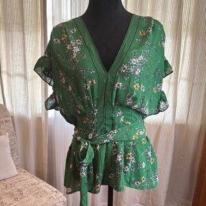 Max Studio Green and Gold Flutter Sleeve Blouse